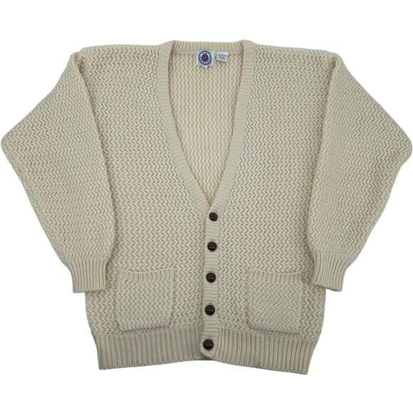 Vintage 80s 90s Men's L Bay Waters cream zig zag knit button up Cardigan sweater - Picture 1 of 5